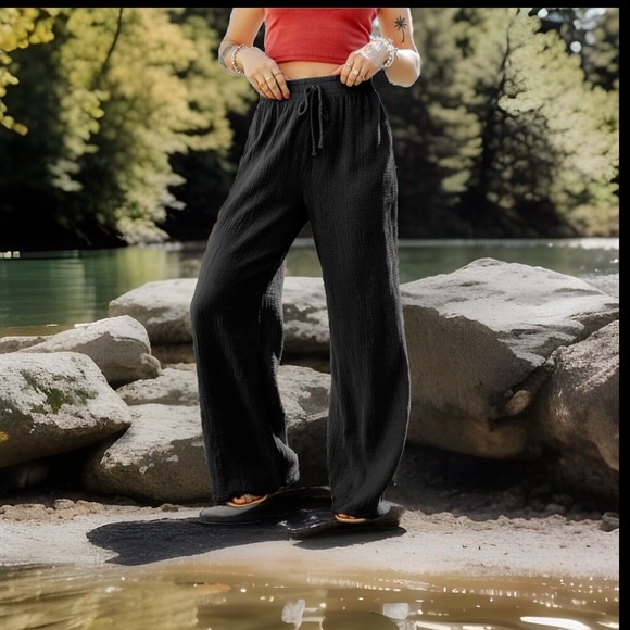 Linen Drawstring High Waisted Casual Loose Fit Wide Long Leg Stretchy Comfy Pant - Picture 16 of 16